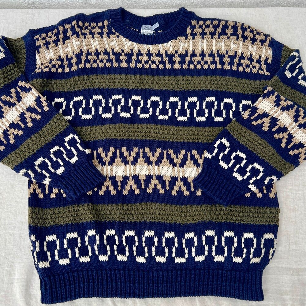 VTG 90s Tony Lambert 100% Cotton Fair Isle Grandpa Sweater Size L PRISTINE COND